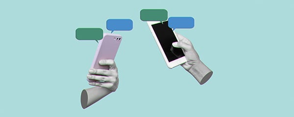 Collage of two hands texting